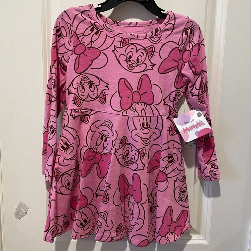 Disney Girls Minnie Mouse Pink Fit & Flare Dress Long Sleeve Knee Length 3T NWT